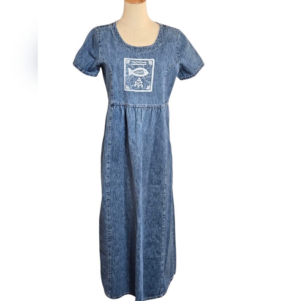 Studio East Vintage Blue Denim Graphic Maxi Dress